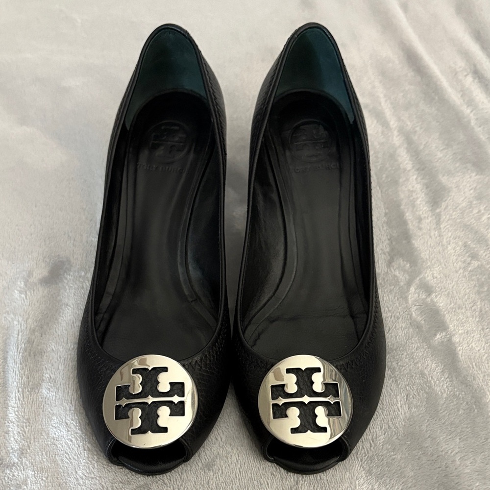 Tory Burch Black Wedges with Silver Emblem